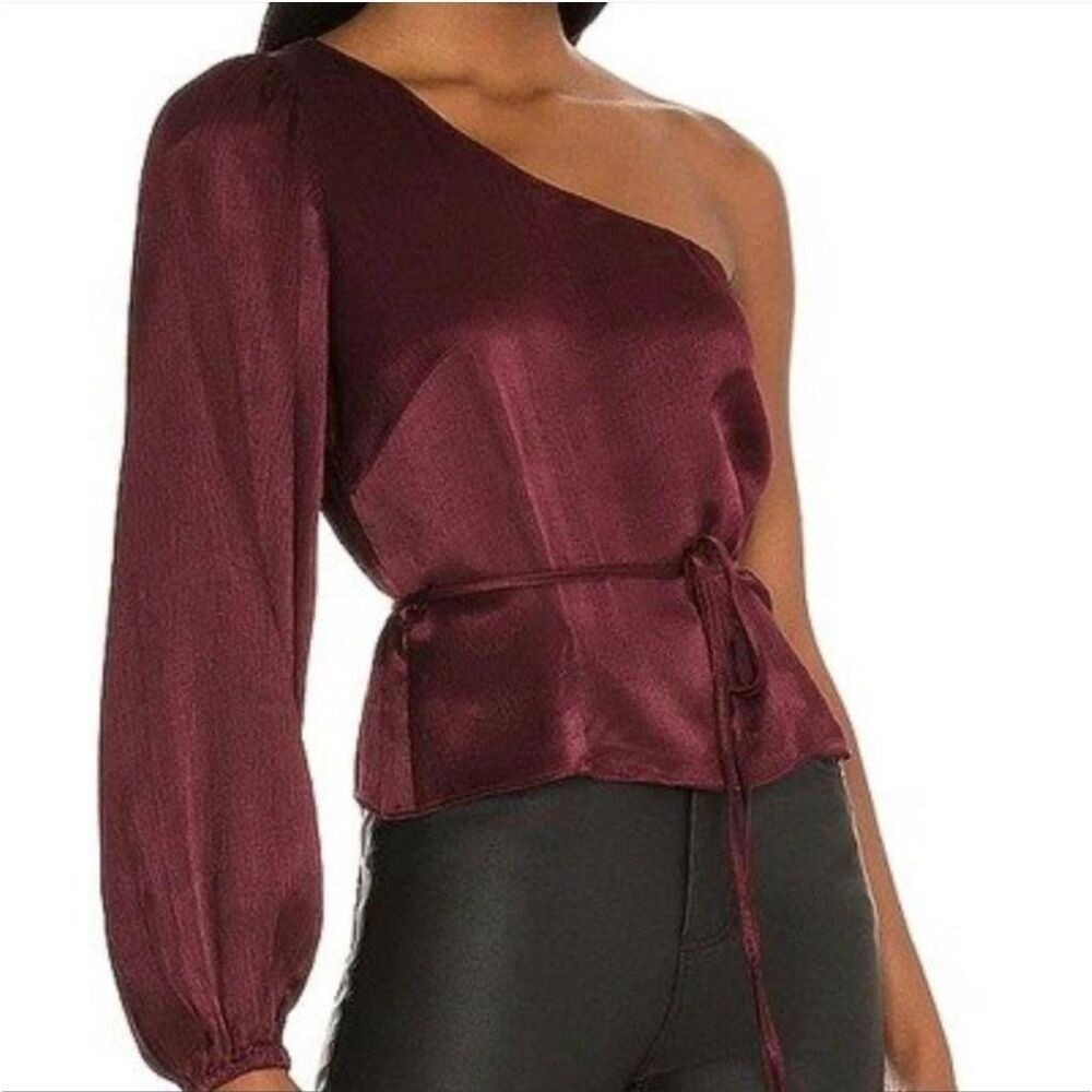 MINKPINK Nador One Shoulder Top‎ Women's XS Wine Tie Detail Peplum Blouse NWT